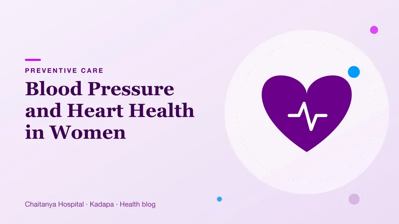 A purple heart with a pulse line illustrating blood pressure and heart health in women.
