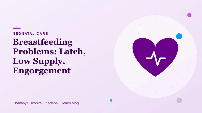 A mother’s arms cradling a newborn at the breast, drawn in soft purple tones to show supportive breastfeeding care.