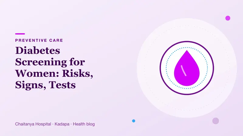 A blood drop illustration representing diabetes screening and blood sugar testing for women.