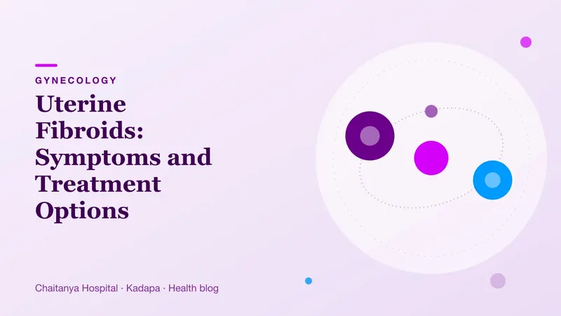 Simple diagram-style illustration of a womb with small round growths of different sizes, in soft purple colours.